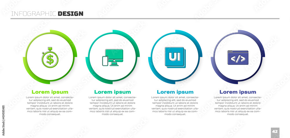 Wall mural set time is money, monitor and mobile, ui ux design and front end development. business infographic 