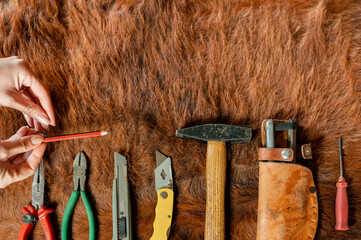 Top view work tools for leather and craftsmanship on hairy cow skin background. Unrecognizable...
