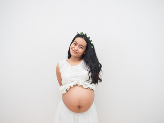 Asian woman pregnant big belly cheerful and happy smile on white background