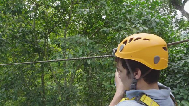 Freedom Adult Man Tourist On Zip Line, Slow Motion
