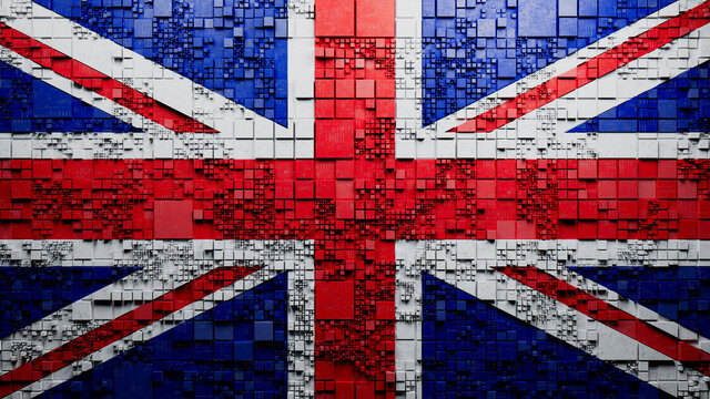Flag of United Kingdom rendered in a Futuristic 3D style. British Innovation Concept. Tech Background.