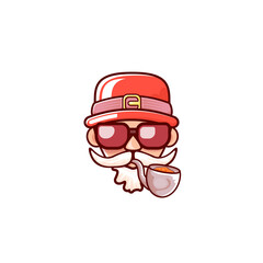 Santa Claus head with Santa red hat, smoking pipe and red hipster sunglasses isolated on white Christmas background. Santa label or sticker design