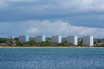 Fototapeta premium Southampton, England, UK. 2021. Housing apartment blocks overlook Southampton Water in southern England, UK