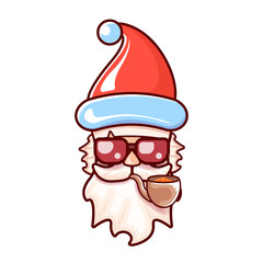 Santa Claus head with Santa red hat, smoking pipe and red hipster sunglasses isolated on white Christmas background. Santa label or sticker design