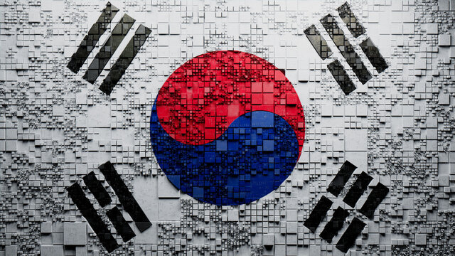Flag of South Korea rendered in a Futuristic 3D style. South Korean Innovation Concept. Tech Background.