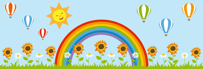Fototapeta na wymiar Panoramic background with flowers garden, rainbow, hot air balloons and smiling sun.