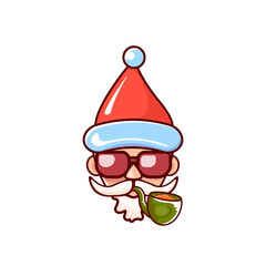 Santa Claus head with Santa red hat, smoking pipe and red hipster sunglasses isolated on white Christmas background. Santa label or sticker design