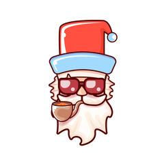 Santa Claus head with Santa red hat, smoking pipe and red hipster sunglasses isolated on white Christmas background. Santa label or sticker design