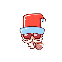 Santa Claus head with Santa red hat, smoking pipe and red hipster sunglasses isolated on white Christmas background. Santa label or sticker design