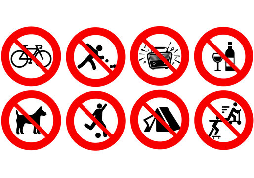 Long list of bans used in park or beach. It's prohibited cycling, playing bowls, loud music, glass materials, soccer, playing, camping, skating and no dogs allowed.