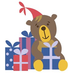 Cute hand-drawn bear with gifts. White background, isolate. Vector illustration. Boho style.	
