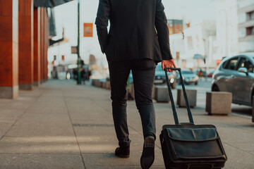 Going to airport terminal. Confident businessman traveler walking on city streets and pulling his suitcase drinking coffee and speaking on smartphone