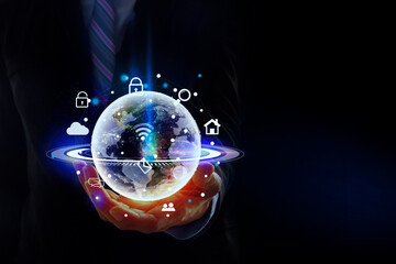 Businessman in suit holding in hand with global and virtual earth map point network on dark blue background connection concept - Social media technology online