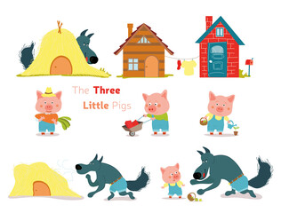 The Three little pigs fairytail with cute pigs and a wolf.
