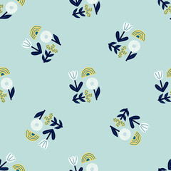 Random seamless pattern with doodle floral abstract ornament. Blue pastel background. Rainbow elements.