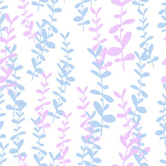 Pink and blue botanic eucalyptus branches elements seamless pattern. Isolated floral backdrop.