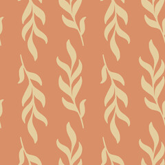 Doodle herbal seamless pattern with simple botanic leaf branches elements. Pink background.