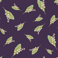 Random green and pink colored lily of the valley flower shapes. Purple background. Nature backdrop.