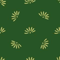 Fototapeta na wymiar Hand drawn minimalistic seamless doodle pattern with simple style daisy flowers ornament. Green background.