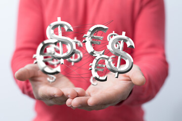 dollar and euro icon in hand 3d