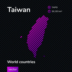 Vector creative digital neon flat line art abstract simple map of Taiwan with violet, purple, pink striped texture  on black background. Educational banner, poster about Taiwan