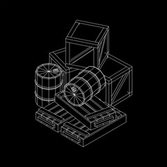 Supplies cargo concept. Pile boxes and barrels. Wireframe low poly mesh vector illustration.