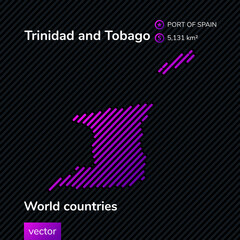 Vector creative digital neon flat line art abstract simple map of Trinidad and Tobago with violet, purple, pink striped texture  on black background. Educational banner, poster of Trinidad and Tobago