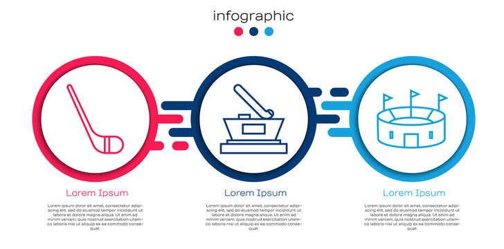 Set line Ice hockey stick, Ice hockey cup champion and Hockey stadium. Business infographic template. Vector