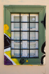 Window of a neoclassical house at Anafiotika, Greece