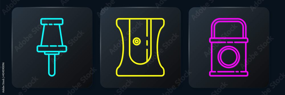 Poster set line push pin, paint bucket and pencil sharpener. black square button. vector