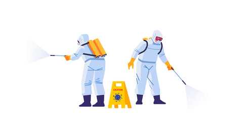 Disinfecting workers wear protective masks and spacesuits against pandemic coronavirus or covid-19 sprays. COVID-21 Coronavirus disinfect. Cartoon style vector illustration isolated background - obrazy, fototapety, plakaty