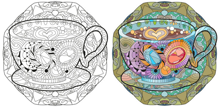Vector coffee or tea cup with abstract ornaments coloring.