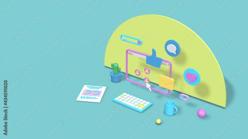 Poster social media and using a computer concept, abstract style with pastel colours, copy space (3d render