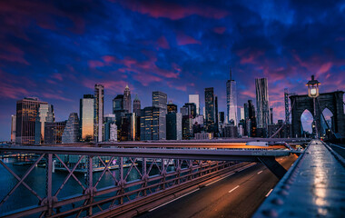 Fototapeta na wymiar beautiful skyline New York City buildings Brooklyn bridge sky clouds colors cute 