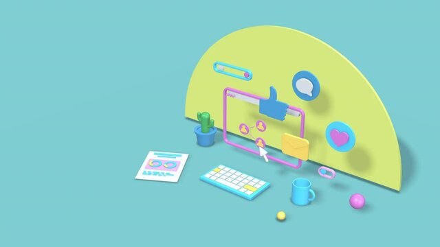 social media and using a computer concept, abstract style with pastel colours, copy space (3d render)