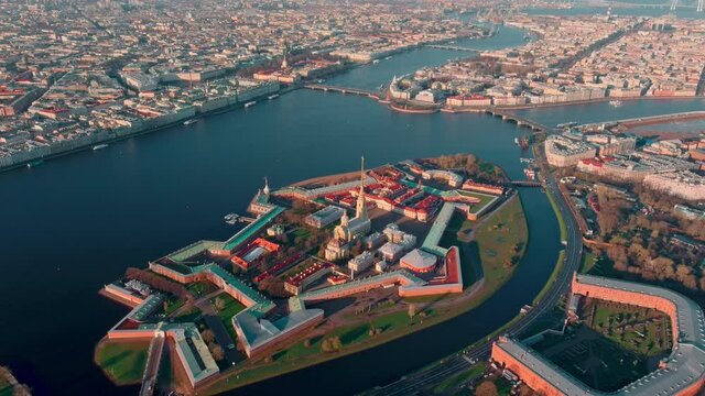 The morning flight over the sights of St. Petersburg and the water area of the Neva river, Peter and Paul fortress, the Hermitage museum, Rostral columns, bridges, St. Isaac cathedral, the Admiralty