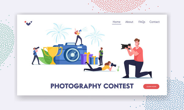 Photo Contest Landing Page Template. Characters Take Part in Photography Competition, Professional Tournament