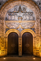 Facade of the Church of Our Lady of Ancient Conception illuminated at night in the Pombaline Downtown in Lisbon, capital of Portugal