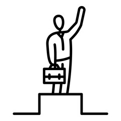 Winner in business. Businessman on a pedestal. Best Professional. First victory. Vector icon, outline, isolated.