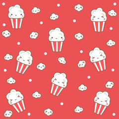 Kawaii pattern with popcorn on a red background.
