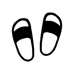 Flip-flops vector icon in doodle style. Black slippers isolated on white background. Footwear for summer.