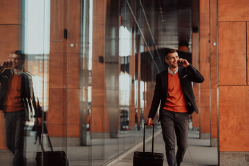 Going to airport terminal. Confident businessman traveler walking on city streets and pulling his suitcase drinking coffee and speaking on smartphone