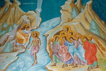 Mural on the wall of an Orthodox church with stage from Bible. Khanty-Mansiysk, Russia 