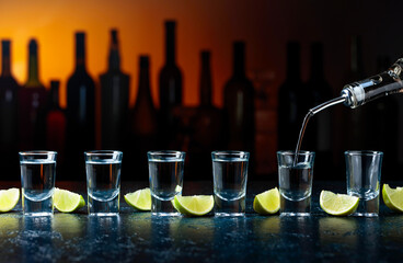 Shots of tequila with lime slices.