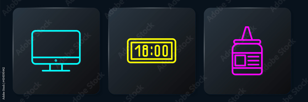 Poster set line computer monitor screen, glue and digital alarm clock. black square button. vector