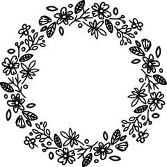 Hand drawn round floral frame. Hand drawn design with floral wreath. For invitations, business cards, posters and other design.