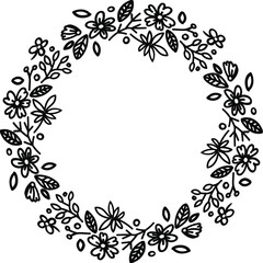 Hand drawn round floral frame. Hand drawn design with floral wreath. For invitations, business cards, posters and other design.