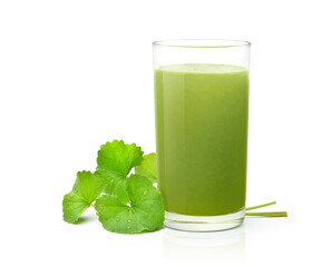 Gotu kola juice with fresh leaves isolated on white background.