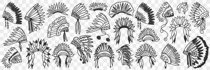 Indians feather headdress doodle set. Collection of hand drawn various accessories of indian american for wearing on head traditional culture fans isolated on transparent background 