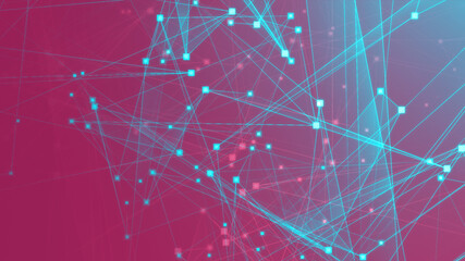 Abstract pink green polygon tech network with connect technology background. Abstract dots and lines texture background. 3d rendering.